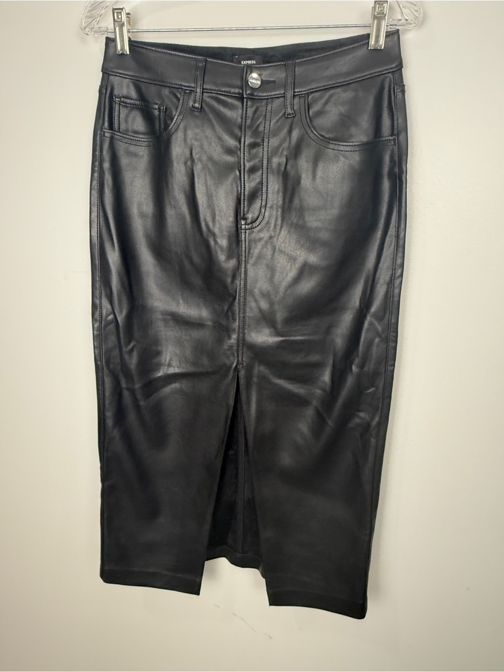 Express Black Faux Leather Skirt with Branded Button